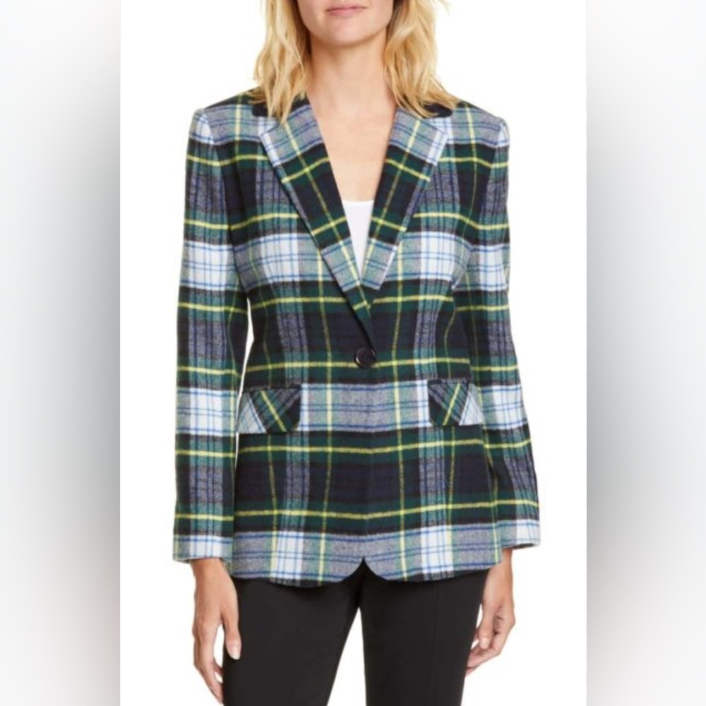 Helene Berman - Boxy Plaid One Button 2 Pocket Blazer - Sz. Small - Blue & Green - Picture 2 of 9